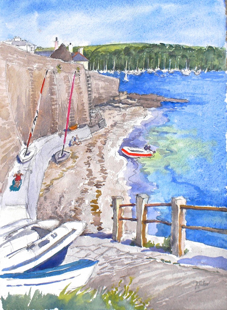 Tavern Beach with red striped dinghy water colour 15" x 11"